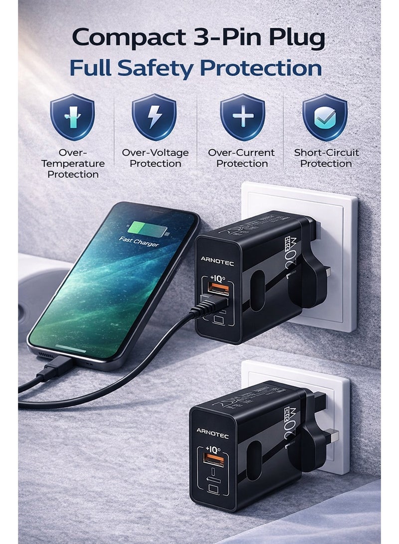 ARNOTEC 120W(Max) GaN Fast Charger, Dual-Port USB-C + USB-A Adapter, PD65W Single-Port Output, QC5.0 Fast Charging, Compact UK Plug for Laptop, Tablet & Smartphone - Image 4